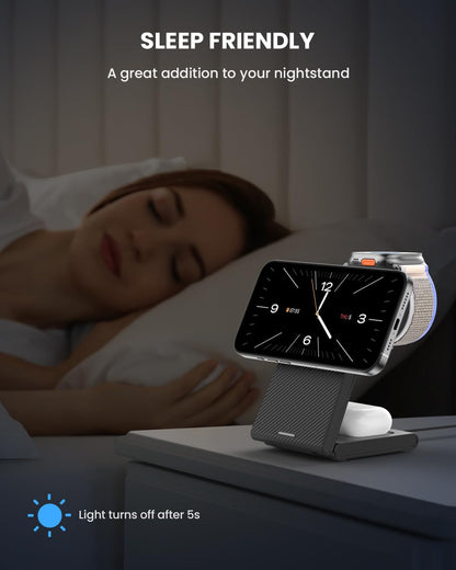 Charging Station for iPhone and Apple Watch: 3 in 1 Wireless Phone Charger Stand for iPhone 17 16 15 14 13 12 11 Pro Max & AirPods, Bedside Nightstand Docking