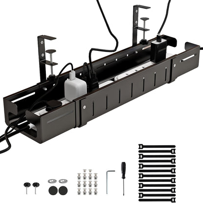 Under Desk Cable Management Tray, Expandable Length 25.2"-38.6",No Drill No Damage to Desk,Cable Tray with Clamp for with Wire Management,for Cord Organizer for Home Office Standing Desk, Black