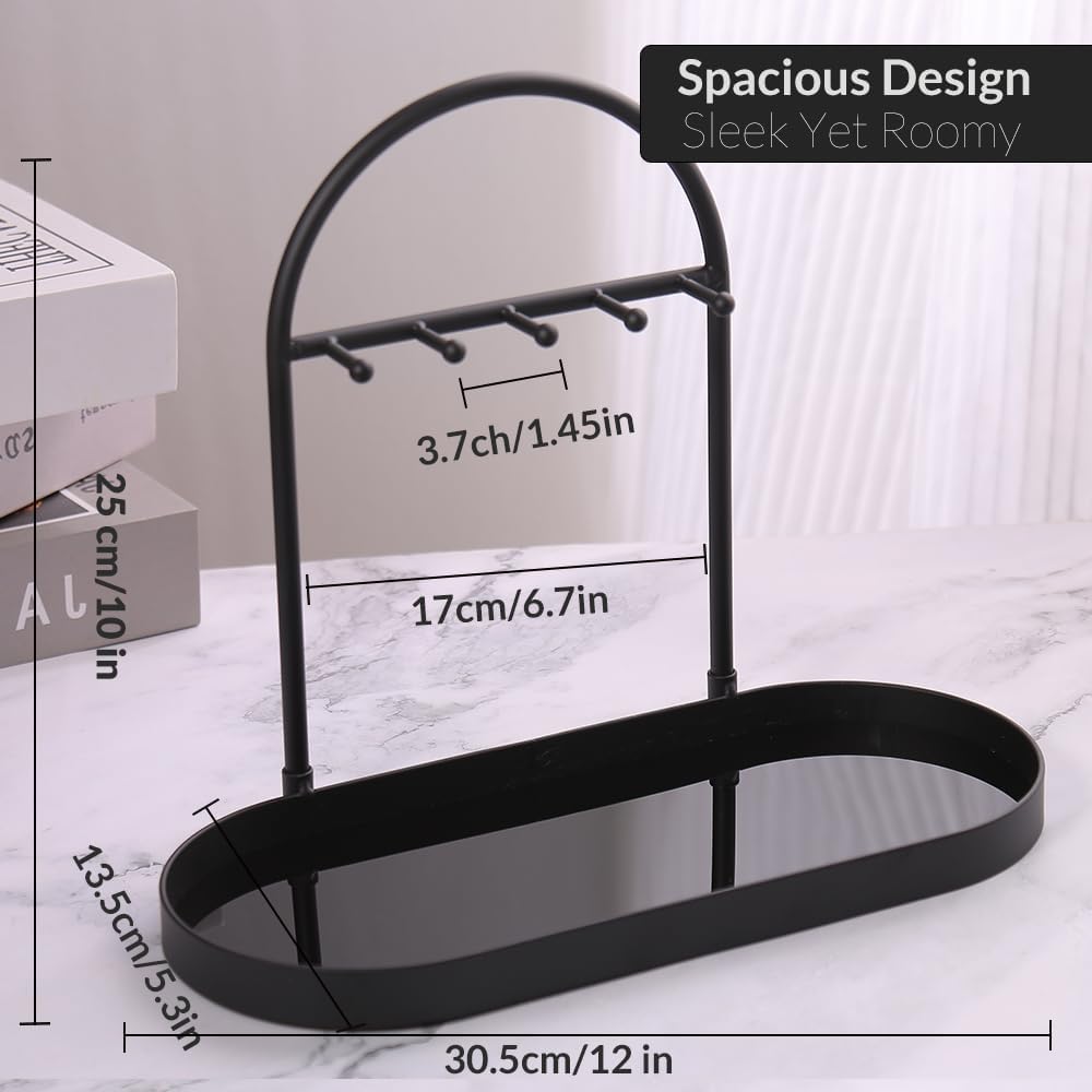 Shinpuru Metal Jewelry Organizer Stand & Key Holder Tray with Acrylic Base, Key Stand and Jewelry Tray with 5 Hooks, Perfect Key Bowl, Valet Key Tray, Ring Holder, Jewelry Dish (Silver Black)
