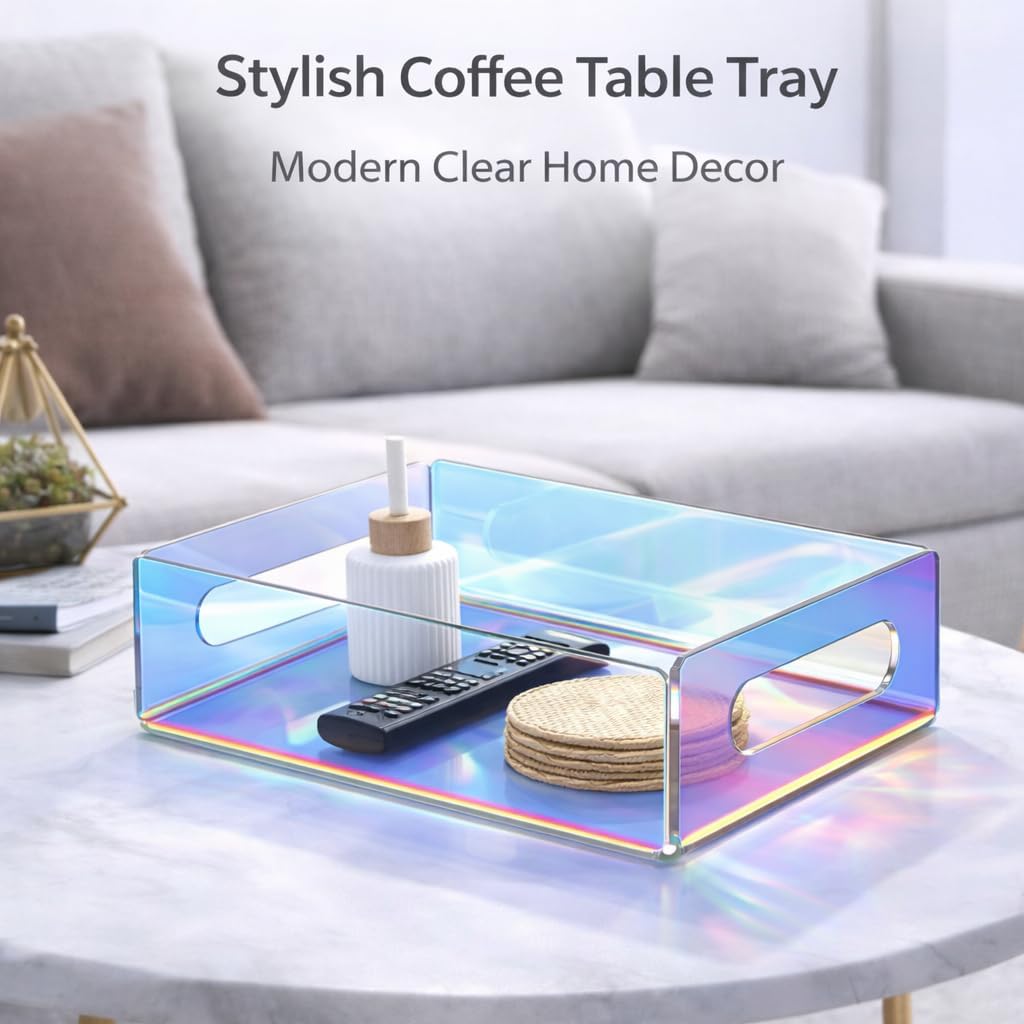 Iridescent Acrylic Square Tray Letter Organizer,Clear Lucite Acrylic Desk Paper Tray for Files Documents Notebooks,StackableTransparent Catch All Tray for Office or Coffee Table (8.66 x 6.5 x 3.35 in)