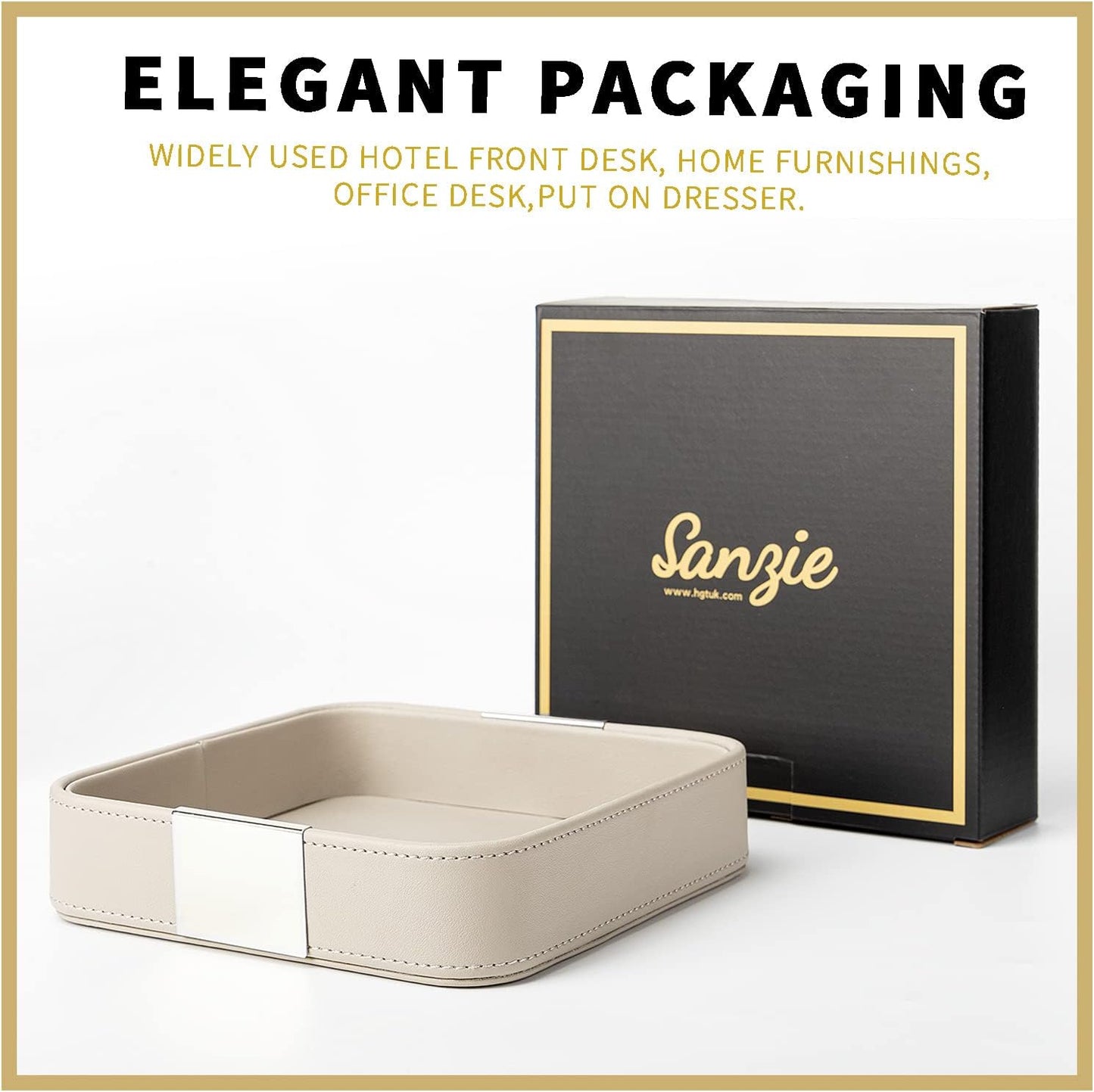 SANZIE Luxury Leather Desktop Storage Small Catchall Organizer Decorative Tray for Entryway Table to Hold Jewelry Watch Cosmetics Keys Phone Wallet, Home & Office Accessories (Metal Silvered, Black)