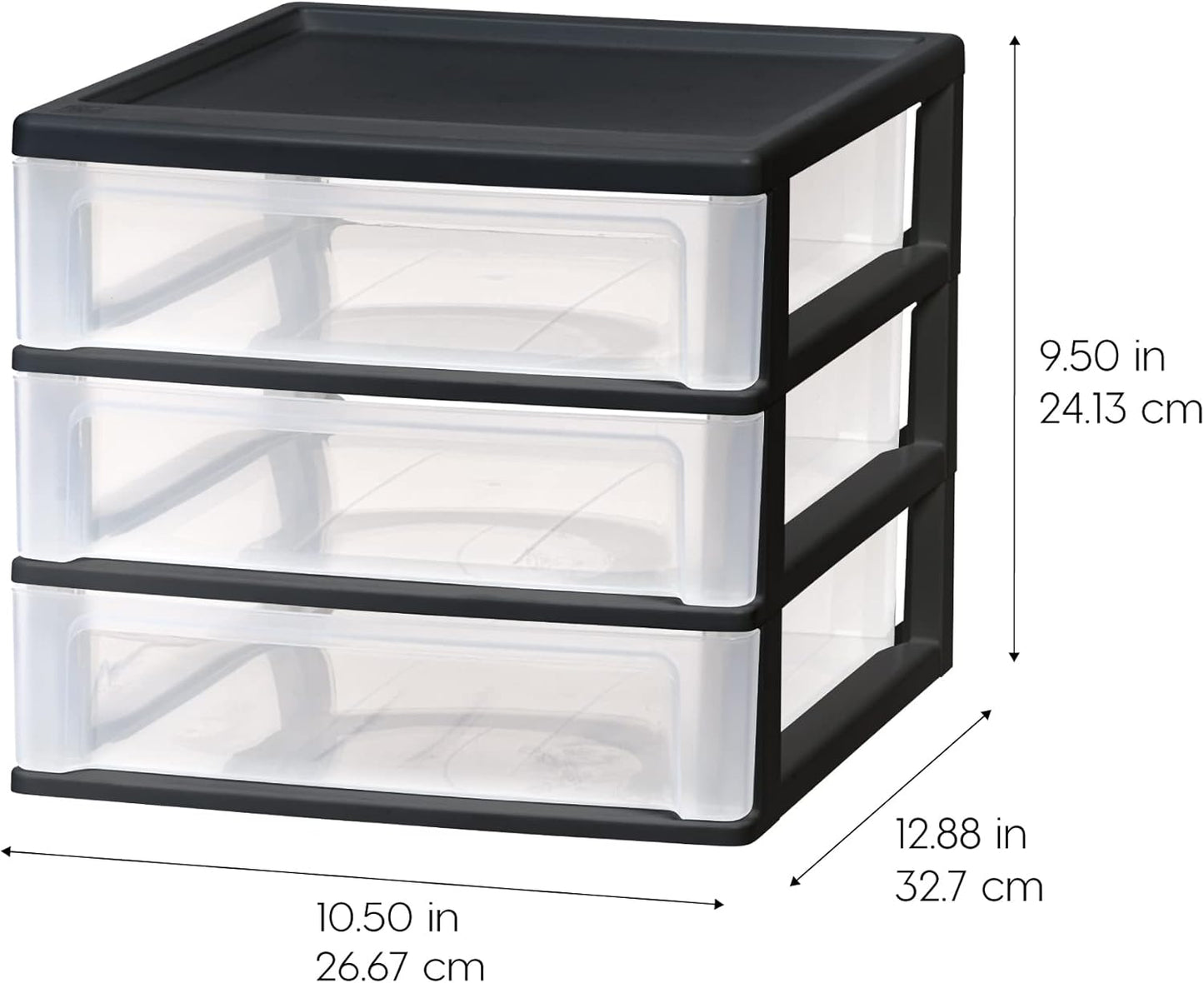IRIS USA Plastic Stacking Desk Top 3-Drawer Storage Organizer, 2-Pack, for Makeup Vanity Nail Polish Bathroom Stationery Art Craft Supplies Kitchen Office Garage and Small Organization, Small, Black
