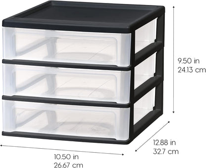 IRIS USA Plastic Stacking Desk Top 3-Drawer Storage Organizer, 2-Pack, for Makeup Vanity Nail Polish Bathroom Stationery Art Craft Supplies Kitchen Office Garage and Small Organization, Small, Black