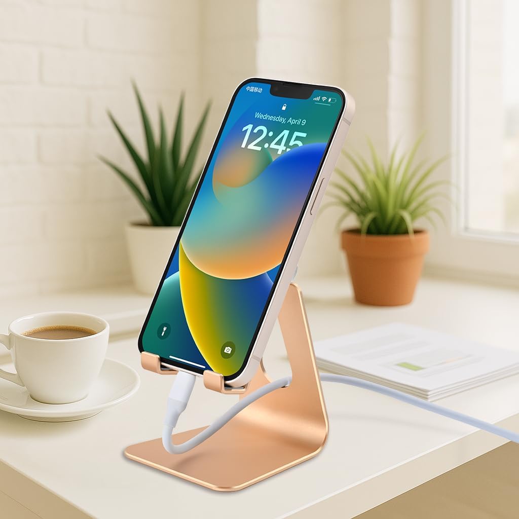 Adjustable Aluminum Alloy Cell Phone Stand, Tabletop Metal Phone Holder,Desktop Phone Dock,Smartphone Cradle,Gold