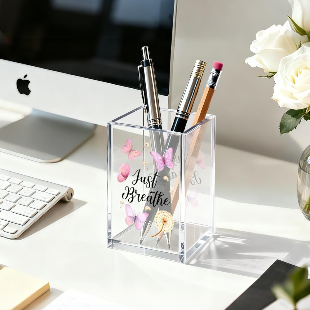Just Breathe Acrylic Cosmetic Organizer Pen Holder, Anxiety Relaxing Acrylic Desk Holder Cup for Pen Pencil, Dandelion Desk Organizer, Mental Health Office Gifts for Coworker Leader Friend
