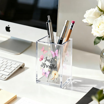Just Breathe Acrylic Cosmetic Organizer Pen Holder, Anxiety Relaxing Acrylic Desk Holder Cup for Pen Pencil, Dandelion Desk Organizer, Mental Health Office Gifts for Coworker Leader Friend