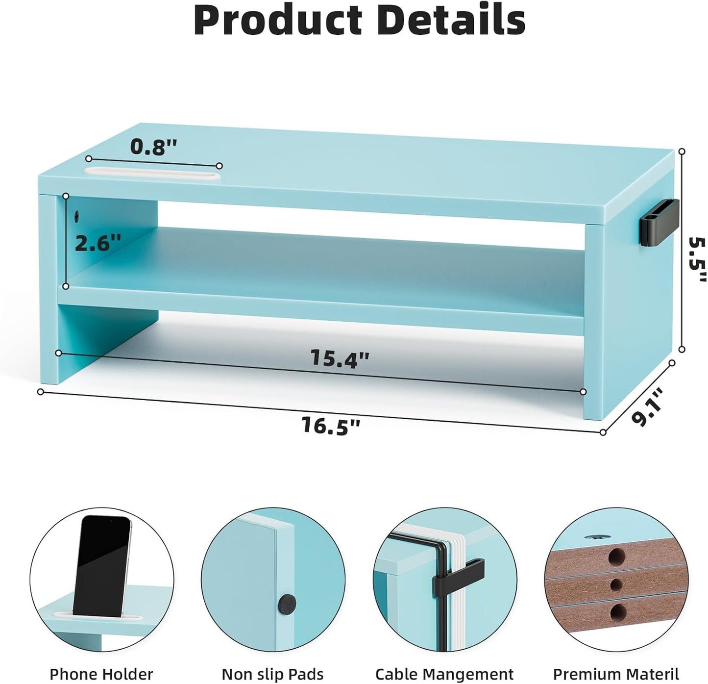 Marbrasse Monitor Stand Riser, 2 Pack 16.5 Inch 2 Tier Computer Monitor Stand, Printer Shelf Stand for Laptop Computer Screen Storagek,Desktop Stand with Phone Holder and Cable Management