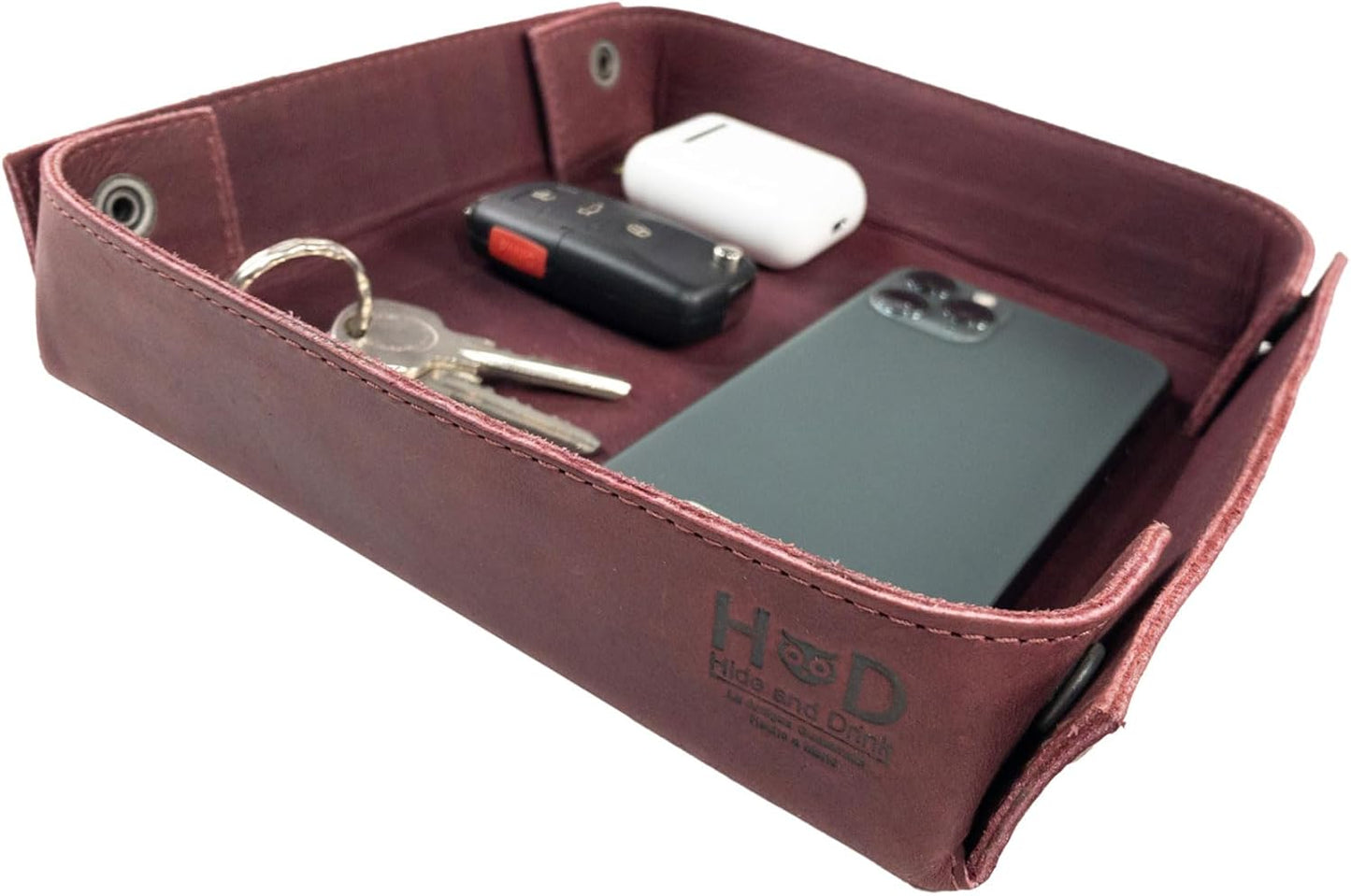 Hide & Drink, Leather Catchall Tray, Easy Access Organizer for Keys, Coins, Change, Jewelry, Watches, Smartphones, Durable, Vintage Style, Handmade :: Bourbon Brown