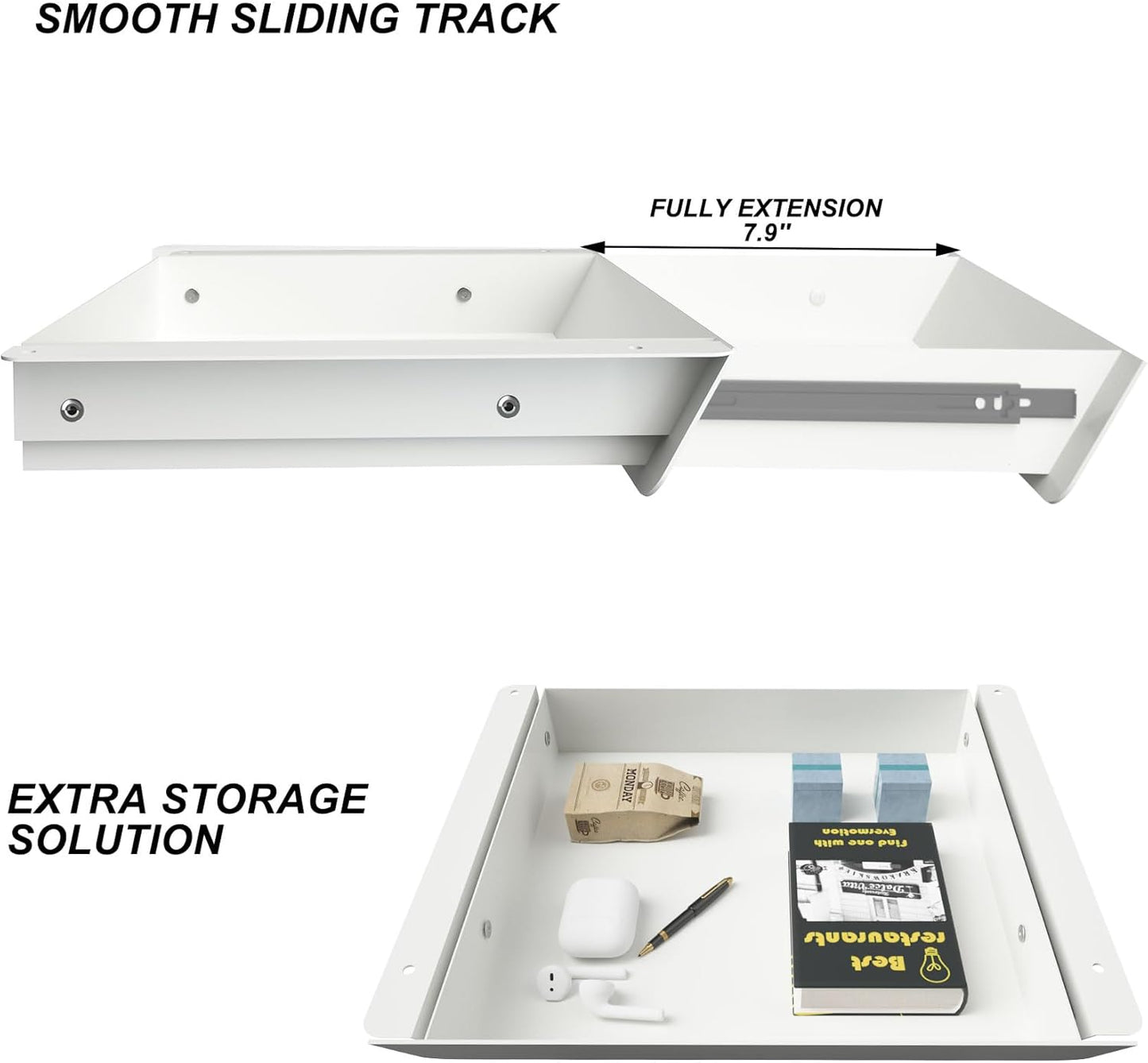 Under Desk Mounted Sliding Drawer with 60 Degree Tilt Panel to Pull Out, 15'' Long & 9'' deep Large Storage Organizer for Sit Stand Workstation