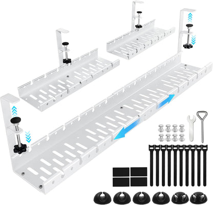 Shikha Cable Management Under Desk, 15.7"-31" Retractable Cable Management Tray, No Drilling Cord Organizer with Clamp for Desk, Under Table Wire Management Tray for Home Office -White