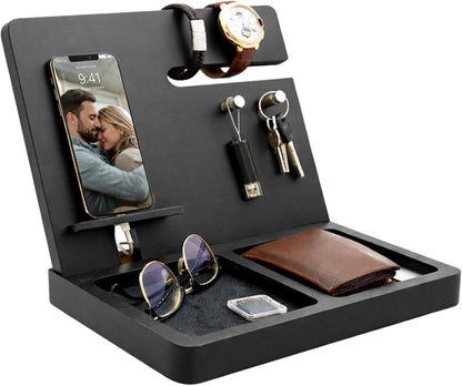 Namore Nightstand Organizer for Men – Wood Phone Docking Station & Bedside Valet Tray Organizer for Wallet, Watch & Keys – Unique Gifts for Men, Husband, Dad