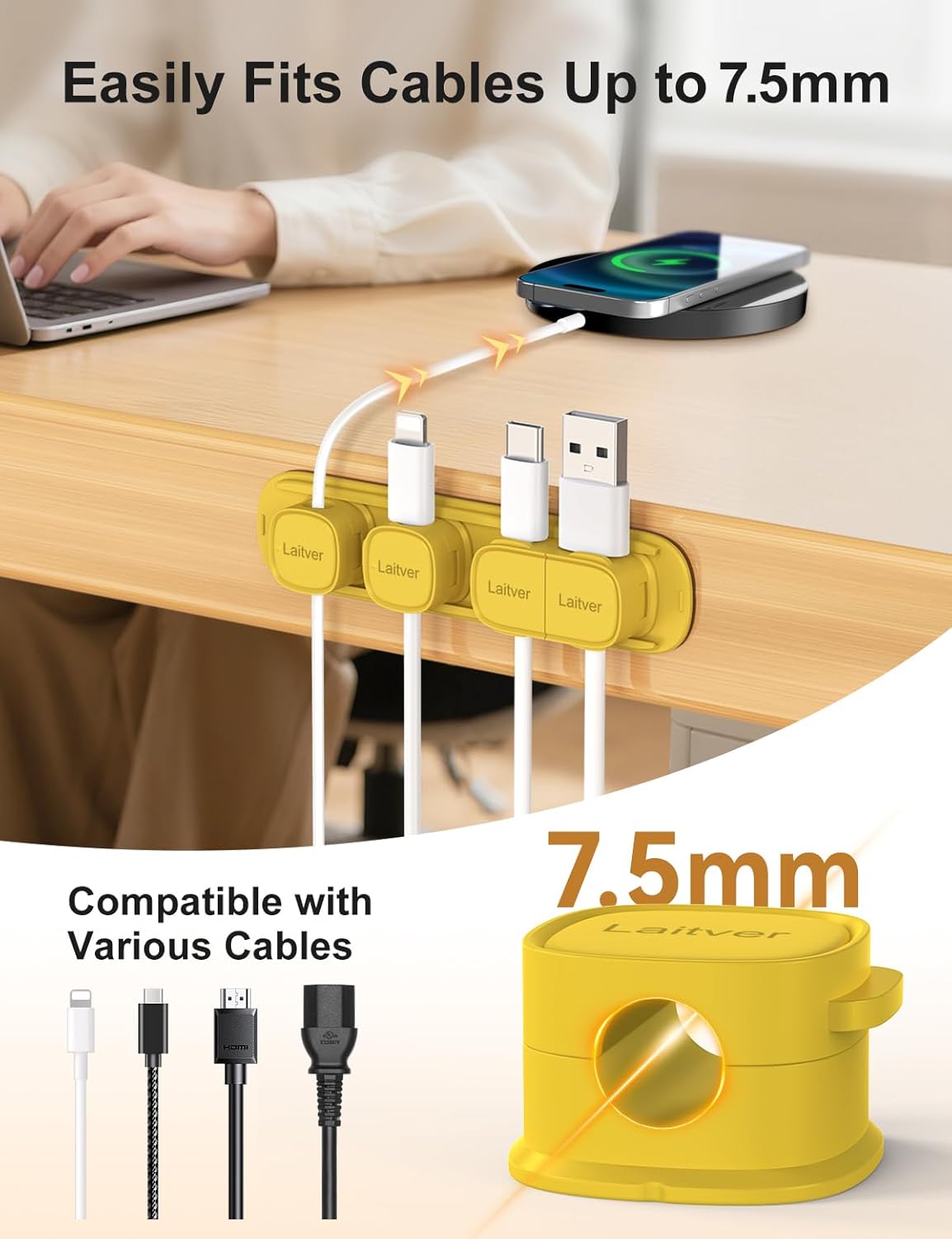 6 Pack Magnetic Cable Clips [1s Open/Lock], Laitver Cord Organizer Holder Strong Adhesive Desk Cable Management- Organize Charging Cords Neatly for Home, Office, Car,Desk, Nightstand