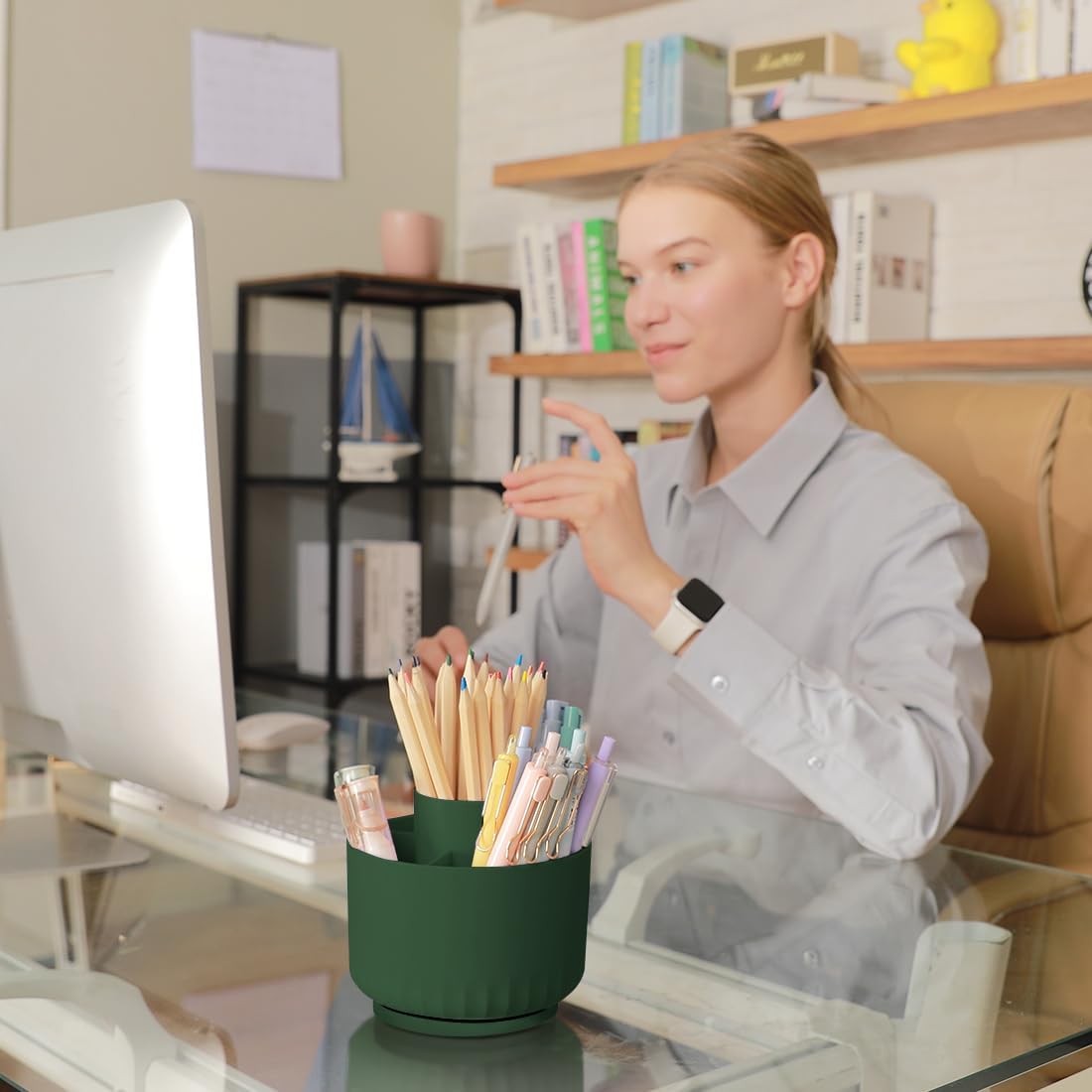 SKYDUE 360 Degree Rotating Pencil Pen Holder for Desk, Dual-Purpose Desk Organizer, Rotating Pencil Cup with 5 Slots, Office Supplies, Desk Decor for Office, School, Home