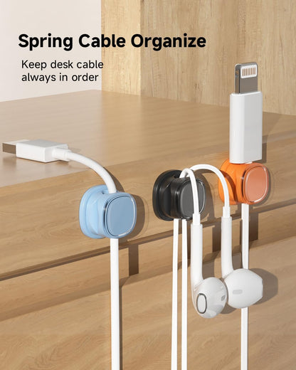 9 Pack Cord Organizer, Spring Cable Management, Adhesive Cute Cable Holder Clips, Phone Charger Wire Keeper for Desk Nightstand Car Office (9-Pack White_Orange_Blue)