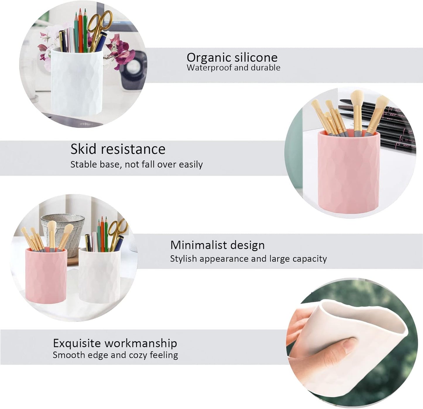 minimaliving Pen Holder,Nordic Style Silicone Waterproof Pencil Holder for Desk Simple&Modern Minimalist Makeup Organizer Multifunctional Office Supplies for Home,Kids and School(Beige)