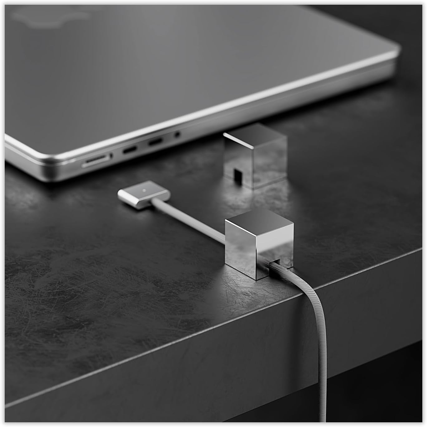 Metal Cord Holder, Weighted Cable Organizer or Management, Heavy Wire Keeper for Nightstand, Desk, Bedside Table - N2U Cube Cords Strap for Lightning, USB-C Phone Charger Cables (Silver - 1 PCS)