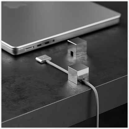 Metal Cord Holder, Weighted Cable Organizer or Management, Heavy Wire Keeper for Nightstand, Desk, Bedside Table - N2U Cube Cords Strap for Lightning, USB-C Phone Charger Cables (Silver - 1 PCS)