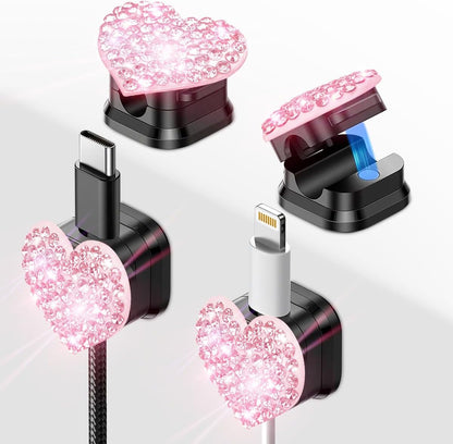 Bling Cord Organizer Holder,Heart Shape Magnetic Cable Clips with Strong Adhesive，Desk Cable Holder & Phone Charging Cords Wire Management for Home,Office,Car,Nightstand (Pink 4 Pack)