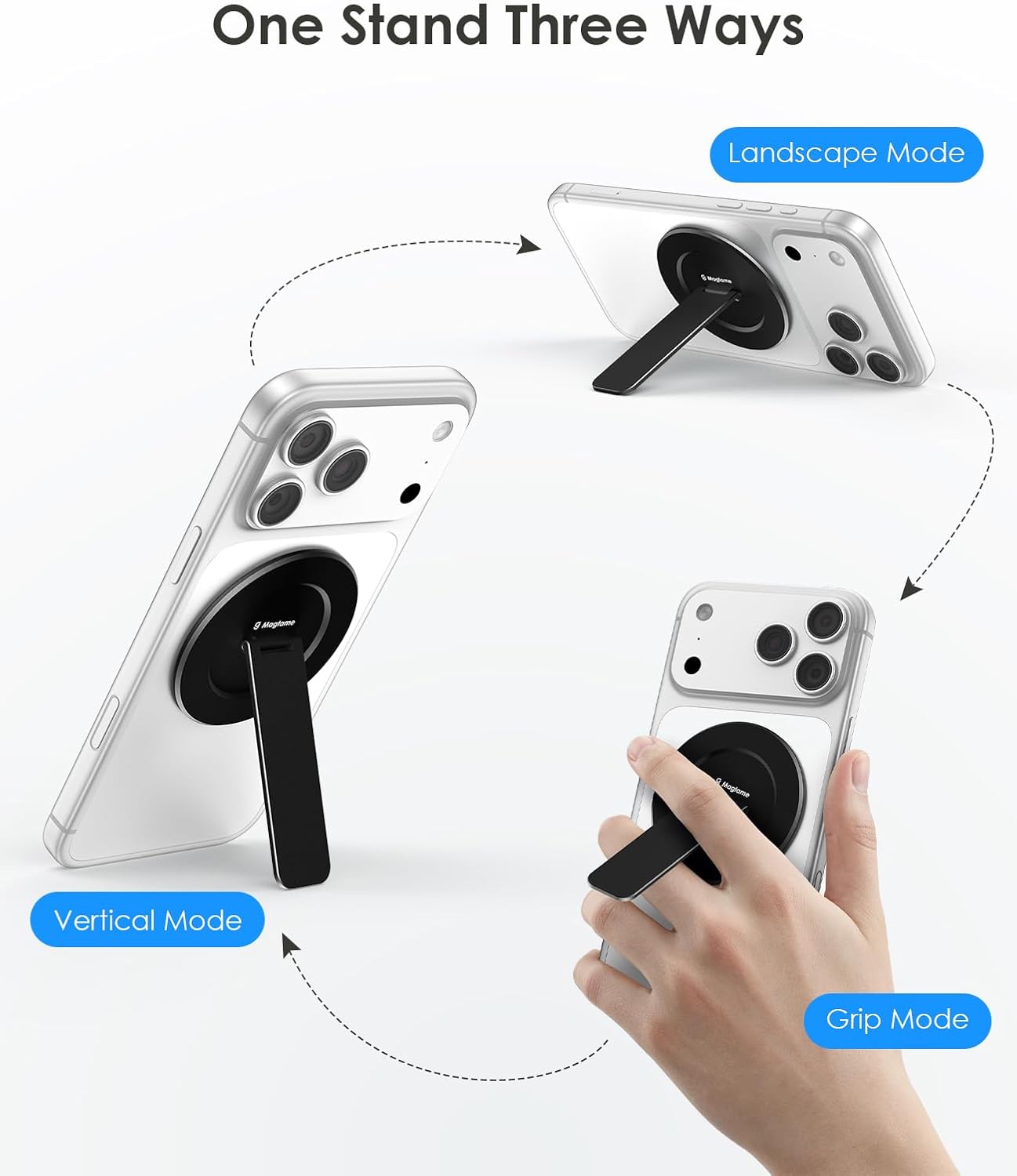 Magtame Double-Sided Magnetic Phone Stand Grip, Strong Magnetic Kickstand Desk Holder for Mag&Safe and Smartphone, Foldable Adjustable Design, Silver