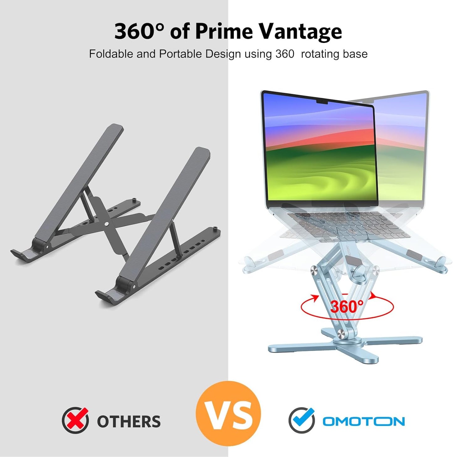 OMOTON LA10 360° Rotating Laptop Stand Riser for Desk, Ergonomic Foldable Computer Stand Adjustable Height Angles for Collaborative Work, Easy Storage Fit Macbooks,All Laptops up to 16 inches, Silver