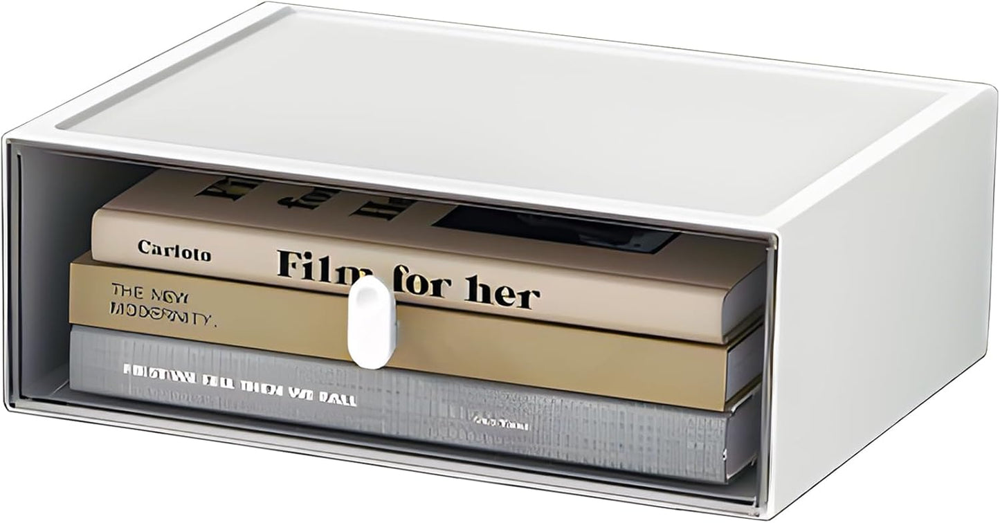 Desktop Storage Drawers, Plastic Desk Organizer with 3 Drawers, Modular Stackable Toolbox Units for Office Stationary, Makeup Container, Bathroom Countertop (1 Tall Layer, Cream & Clear)