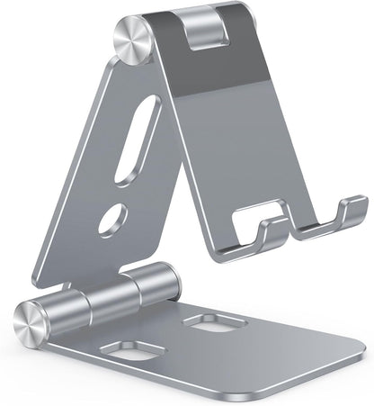 OMOTON Foldable Cell Phone Stand, C4 Portable Aluminum Phone Holder, Adjustable Phone Dock Cradle Compatible with iPhone 17/16/15 Pro Max Air, Samsung Galaxy, Small Tablets, All Smart Phones, Silver