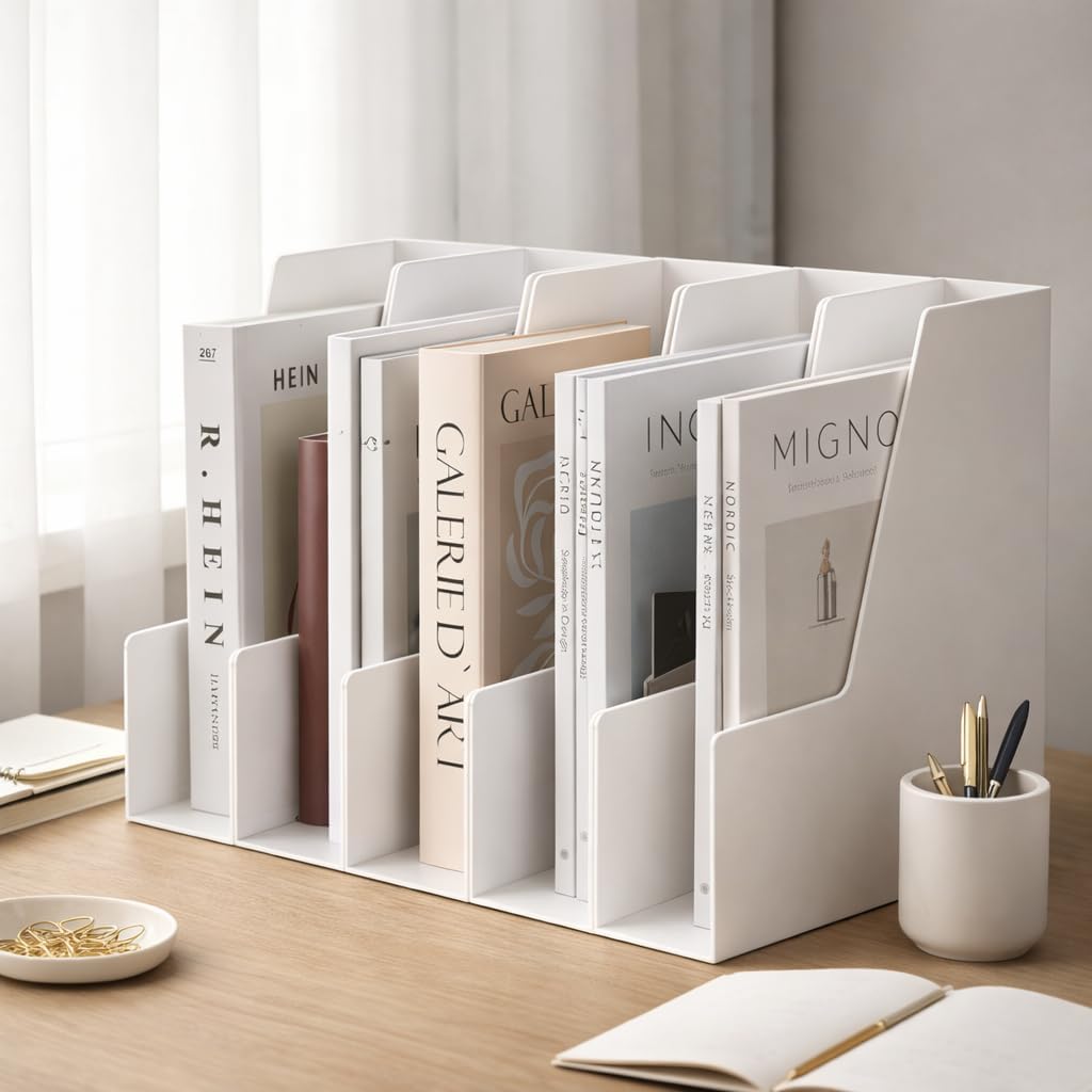 CiWiVOKi Vertical Magazine File Holder, Desk Organizer and Storage for Magazines, Binders, Notebooks, Envelopes, Multi-Purpose Desktop File Organizer for Home, Office & Classroom, 4 Pack, Black