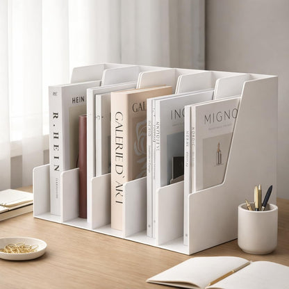 CiWiVOKi Vertical Magazine File Holder, Desk Organizer and Storage for Magazines, Binders, Notebooks, Envelopes, Multi-Purpose Desktop File Organizer for Home, Office & Classroom, 4 Pack, Black