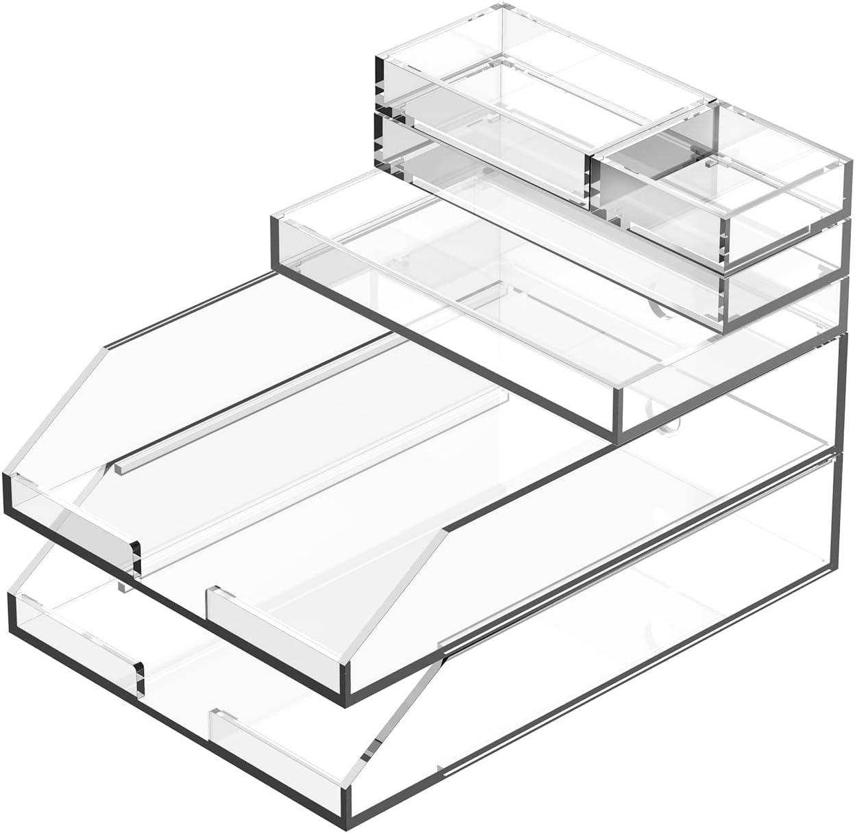 Clear Acrylic Desk Organizer for Office or Home Desk Drawer Dividers, Makeup Vanity Storage Bins, Stackable 4-Pack, Acrylic Accessory and Half Accessory Tray/Small Tray