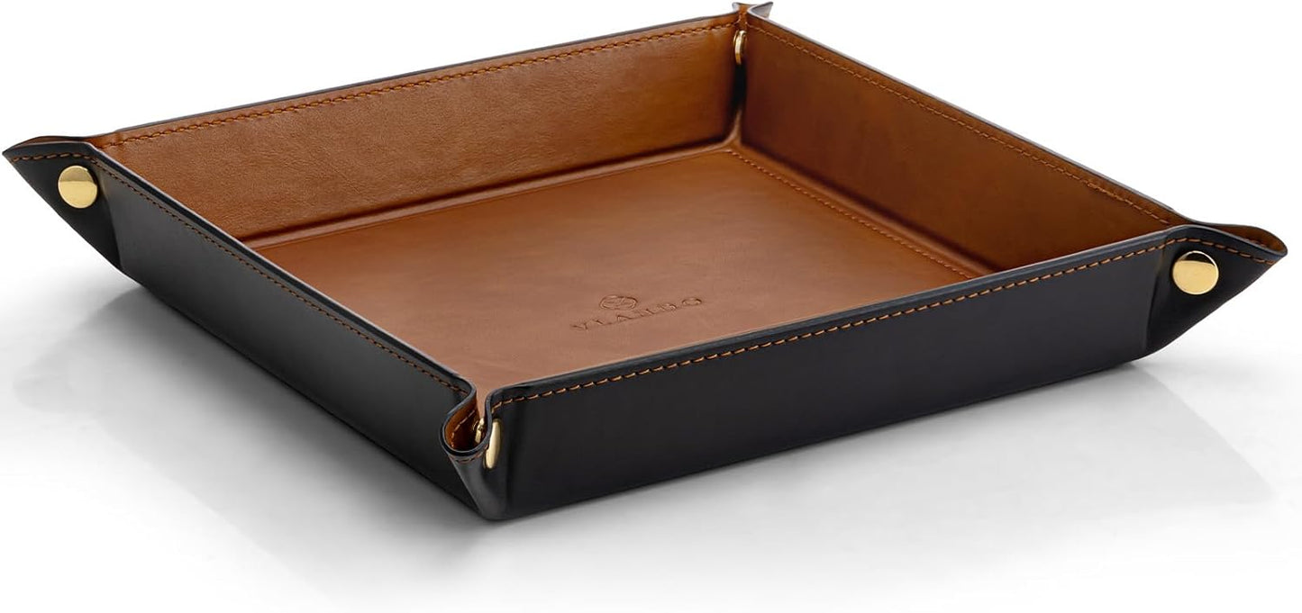 VLANDO Valet Tray for Men Women, Nightstand Organizer Vanity Catchall Holder for Dresser Desk Storage Bedside, Travel PU Leather Jewelry Key Bowl Coin Watches and Candy Entryway Tray - Large, Brown