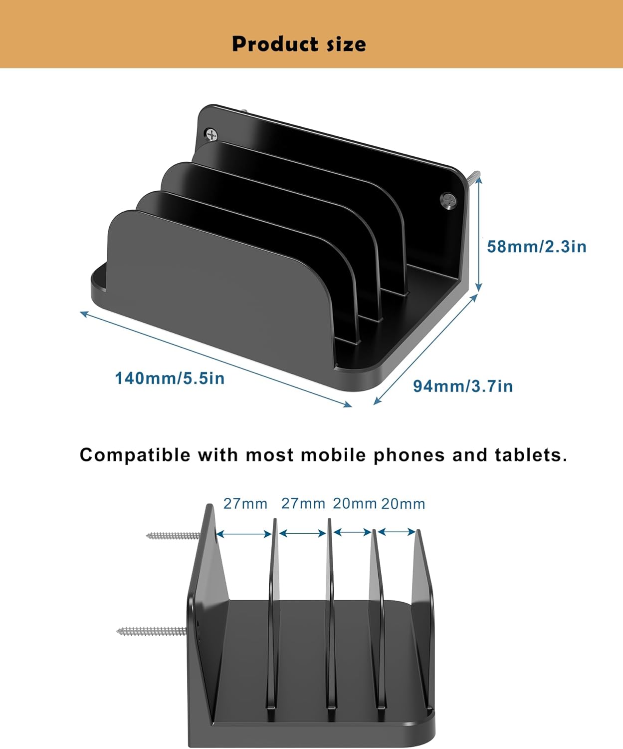 Phone Wall Mount Storage Organizer, Compatible with iPhone and Android, Holds Four Phones or Tablets at Once Charging Holder Station Fit for ipad, Kindle and More (Black)
