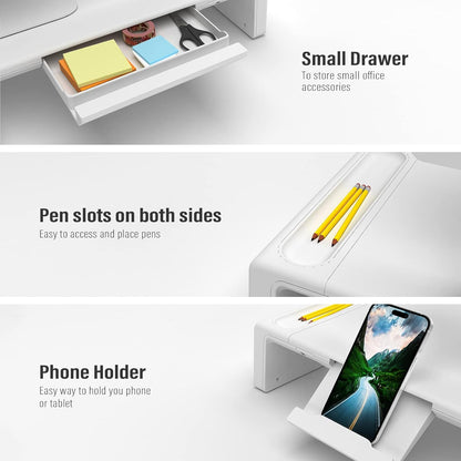 OImaster Monitor Stand Riser, Foldable Computer Monitor Riser, Adjustable Length Computer Stand and Storage Drawer & Pen Slot, Phone Stand Compatible Computer, Desktop, Laptop, Save Space (White-Basic)