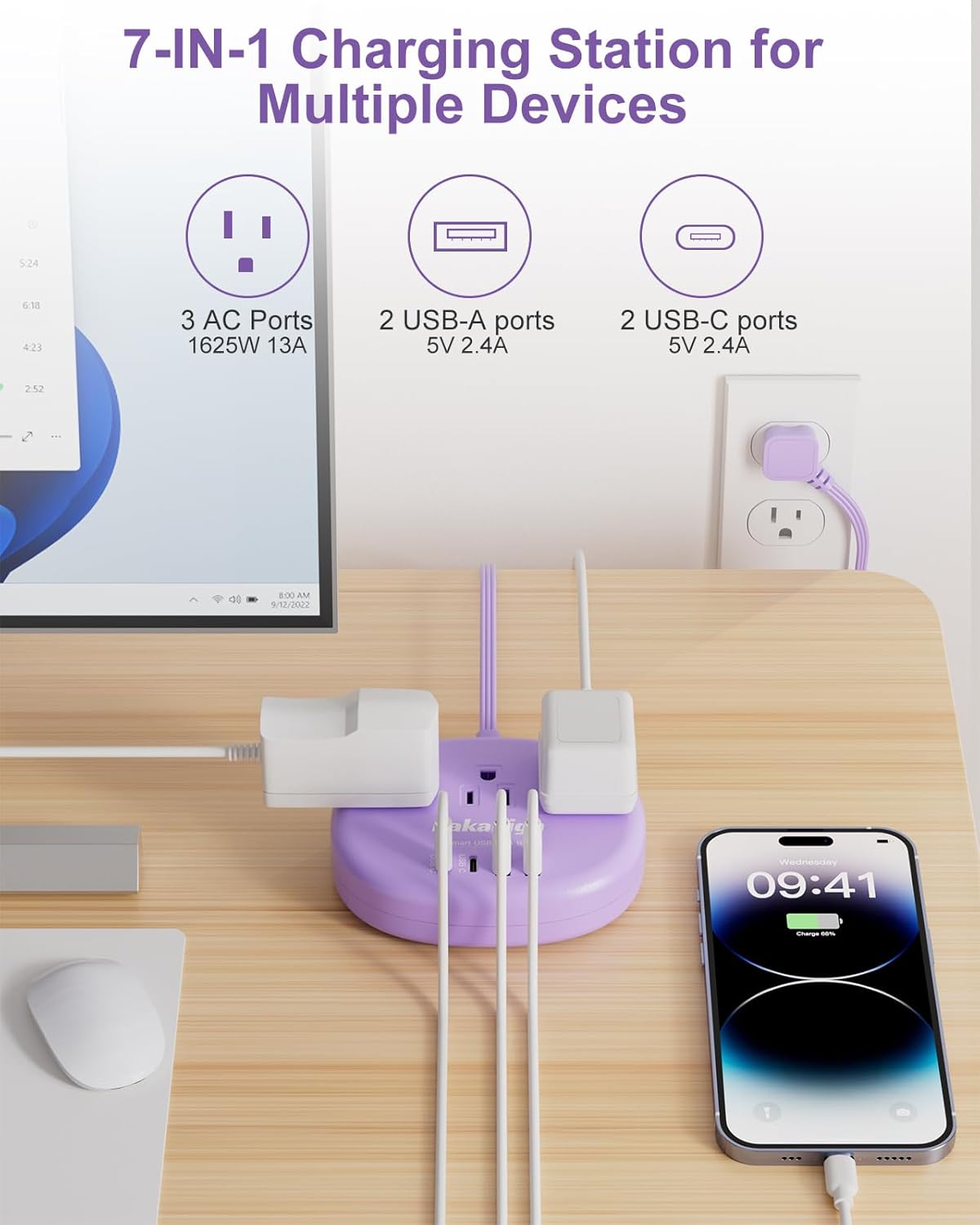 Pink Extension Cord with Surge Protected 1080J - 5 FT Kawaii Power Strip, 1625W Cute Extension Cord with 3 AC Outlet 4 USB (24W/4.8A), Compact for Cute Pink Kawaii Desk Home Essentials