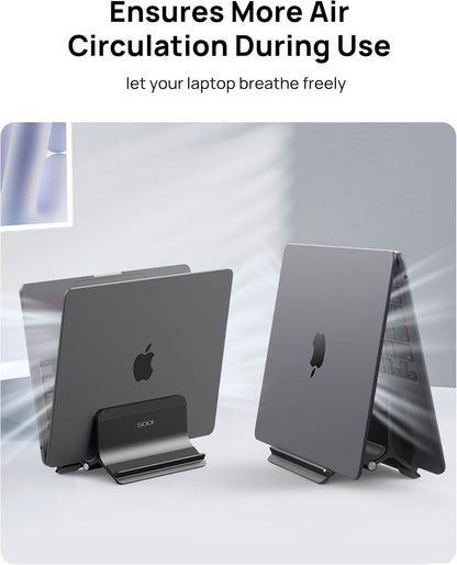 SODI Vertical Laptop Stand for Desk, Gravity Auto Lock MacBook Stand, Aluminum Laptop Holder Vertical Compatible with MacBook Pro, Air, Tablet, Space-Saving Organize Work & Home Office, Gray