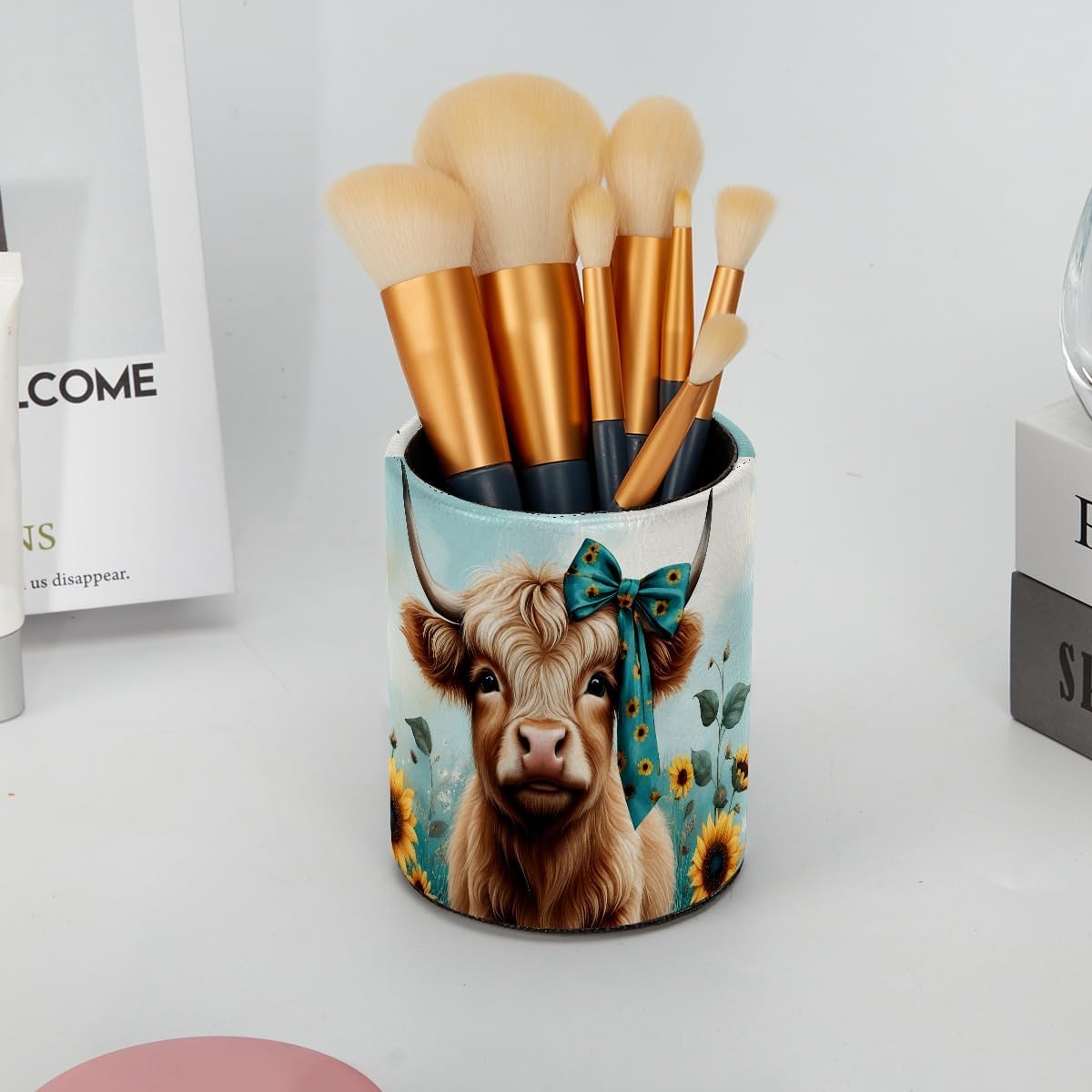 Leather Pen Holder for Desk, Love Cherry Pencil Organizer Pencil Cup Desk Decor Makeup Brush Holder Multifunctional Office Supplies for Home,Office, School