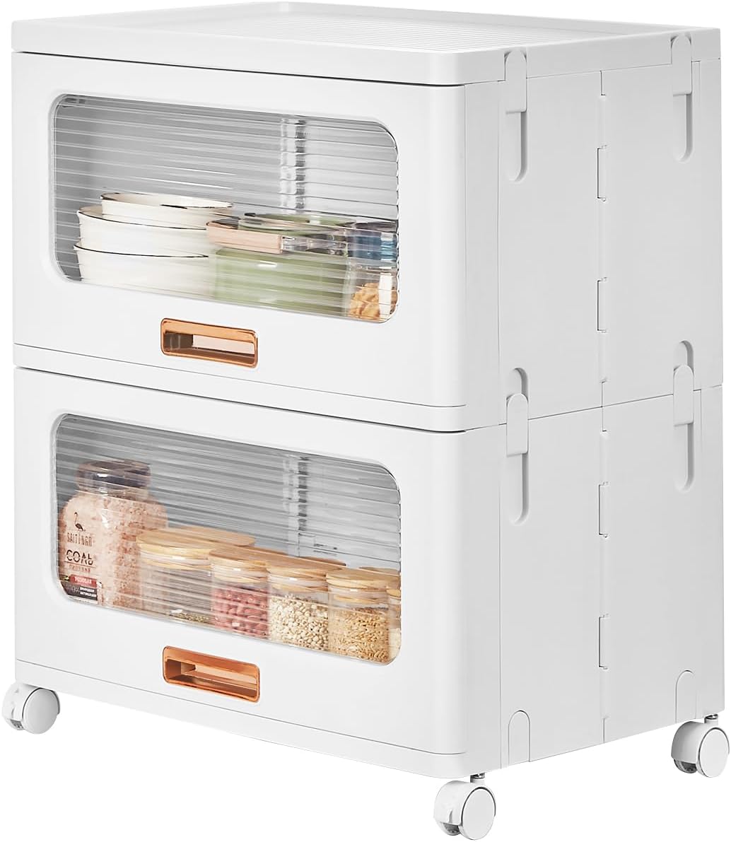 VECELO Plastic Storage Cabinet with Drawers, Stackable Storage Bins with Wheels, Waterproof Bathroom Storage Organizer, Multi-Tier Closet Storage for Bedroom, Living Room, Kitchen, Large 2-Tier