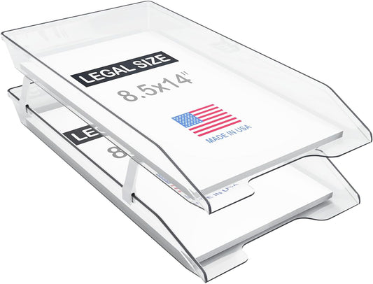 Acrimet 2-Tier Legal Size Paper Tray Organizer, Made in USA, Plastic Desk File Organizer, Front-Load Document Tray for Office, Home & School, Clear Crystal