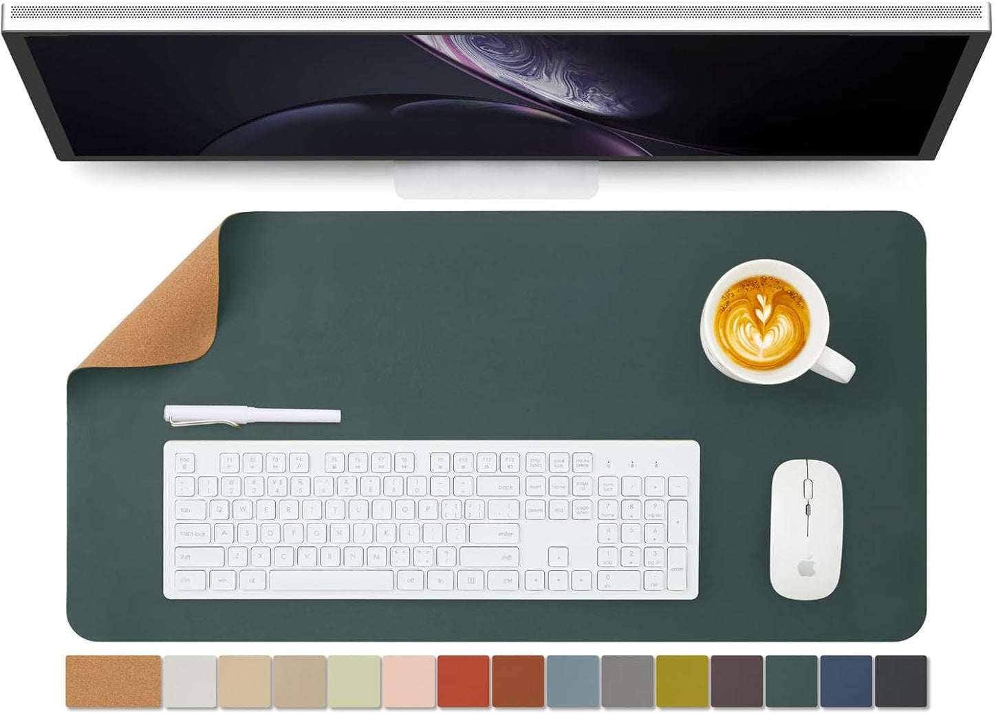 Cork Desk Mat - Dual-Sided Desk Pad for Office and Home - Desk Organization and Accessories - Ideal for Large Mouse Pad and Desk Mats on Top of Desks(Dark Green,90cmx 43cm)