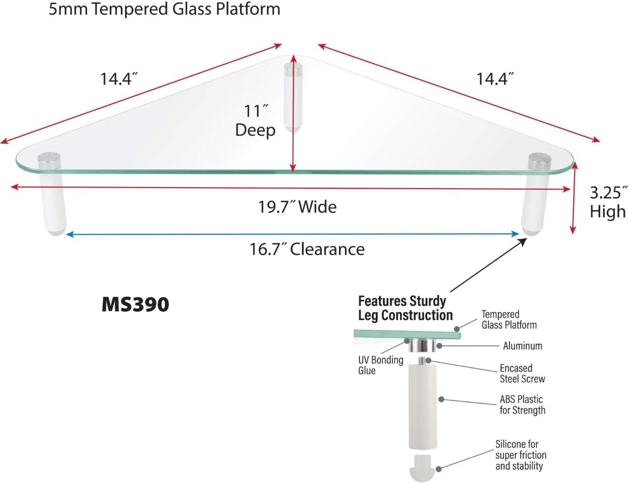 Kantek Extra-Wide Glass Monitor Riser with 8mm Tempered Glass Platform and 60-Pound Capacity, Clear Glass (MS380), 3.3" x 39.4" x 10.2"