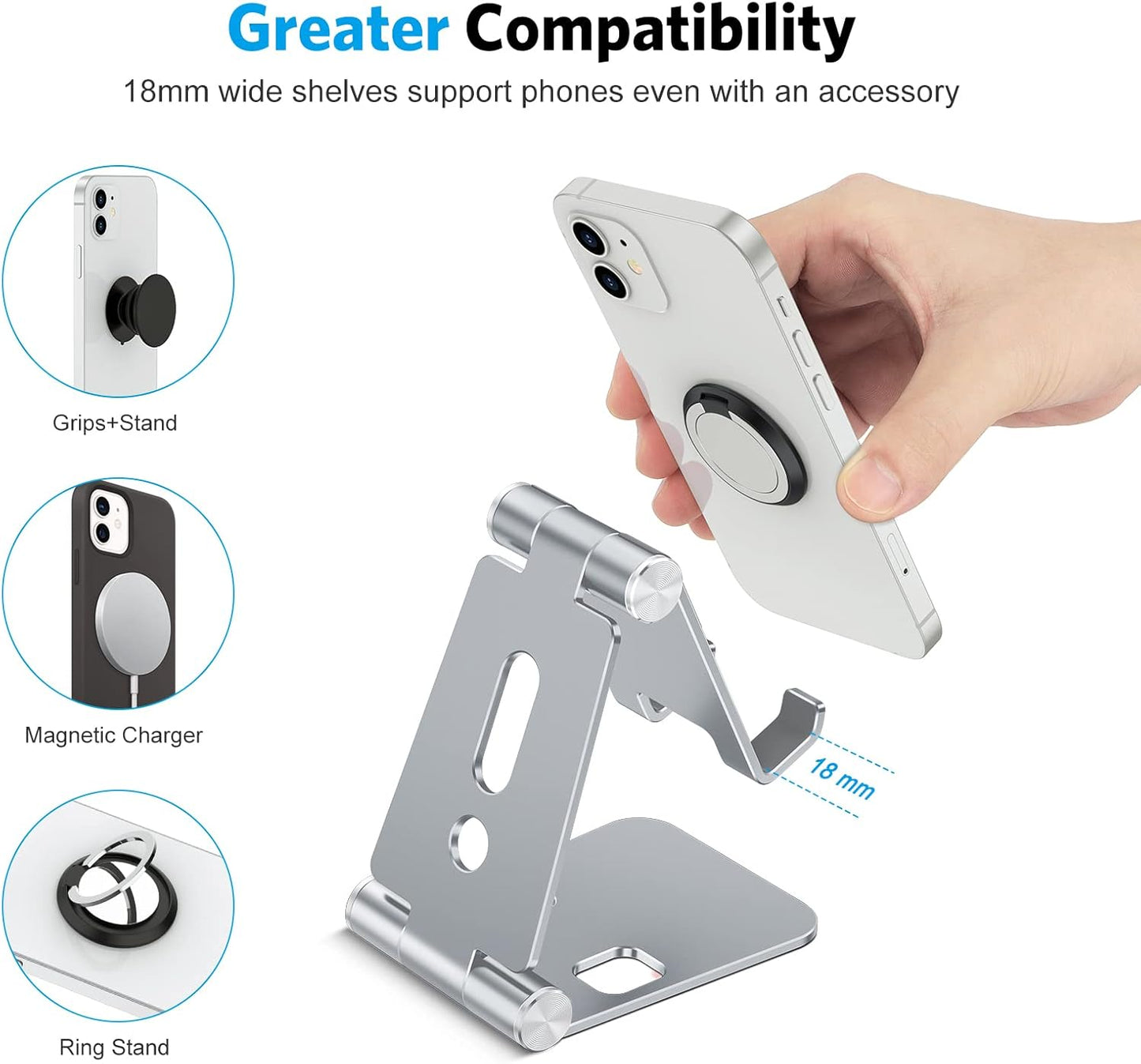 OMOTON Foldable Cell Phone Stand, C4 Portable Aluminum Phone Holder, Adjustable Phone Dock Cradle Compatible with iPhone 17/16/15 Pro Max Air, Samsung Galaxy, Small Tablets, All Smart Phones, Silver