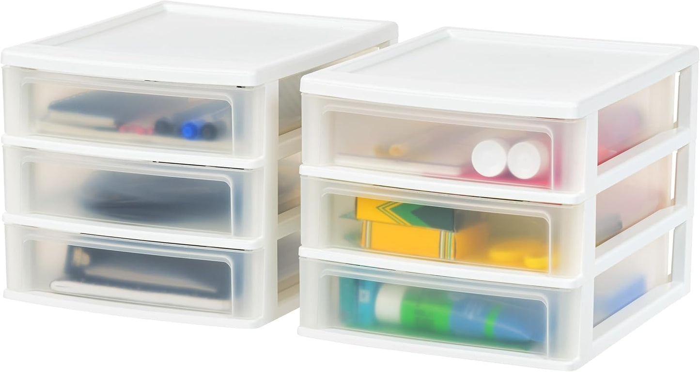 IRIS USA Plastic Stacking Desk Top 3-Drawer Storage Organizer, 2-Pack, for Makeup Vanity Nail Polish Bathroom Stationery Art Craft Supplies Kitchen Office Garage and Small Organization, Small, Black