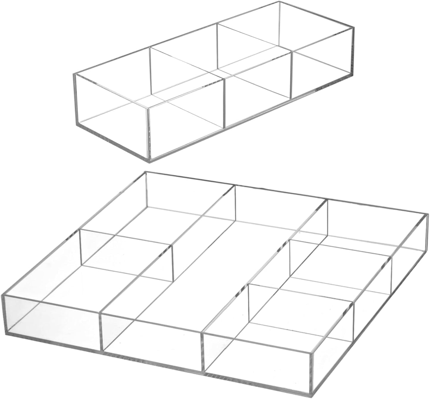 Peohud 2 Pack Acrylic Drawer Organizer Tray, 6/3 Section Clear Makeup Tray Organizer for Drawer, Junk Drawer Storage for Office Desk Supplies and Accessories