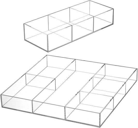 Peohud 2 Pack Acrylic Drawer Organizer Tray, 6/3 Section Clear Makeup Tray Organizer for Drawer, Junk Drawer Storage for Office Desk Supplies and Accessories