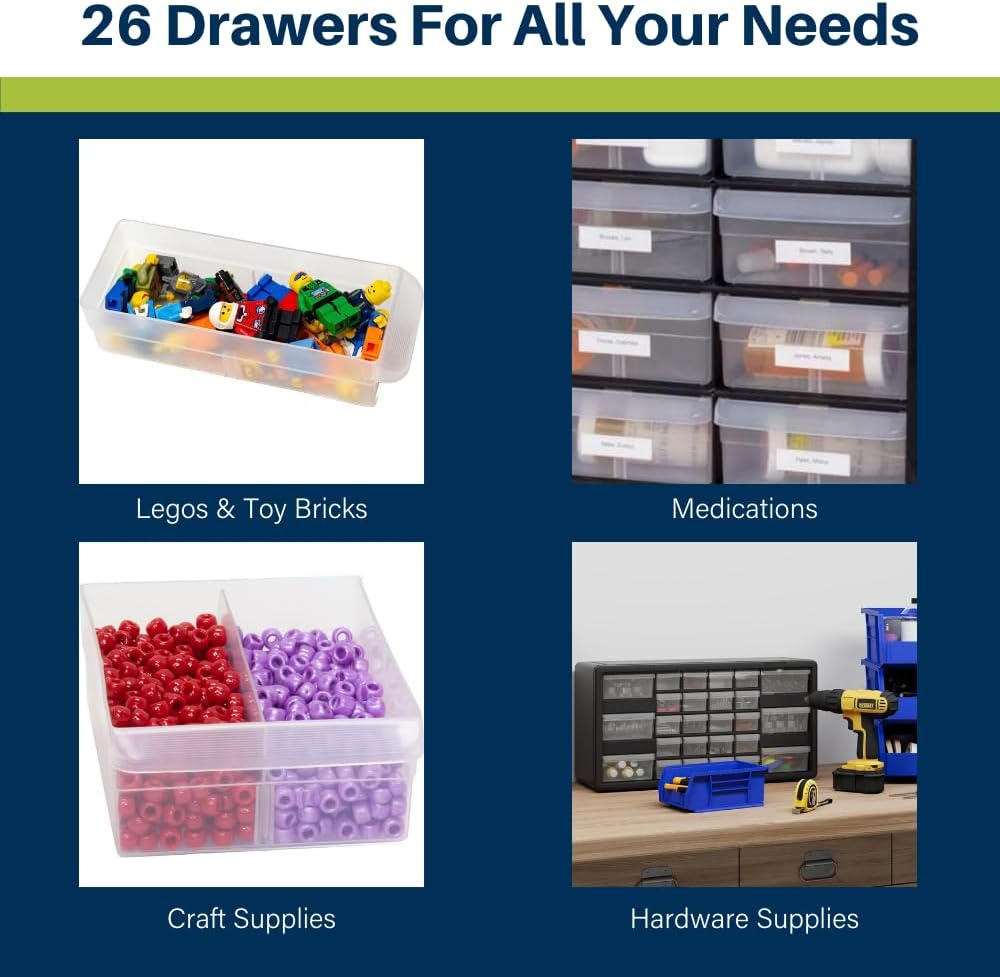 Akro-Mils 24-Drawer Plastic Drawer Storage Cabinet for Garage Organization, Bead Organizer, Building Bricks Storage, Teacher Toolbox, Makeup Organizer, 20" W x 6" D x 16" H, 10124 Black