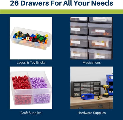 Akro-Mils 24-Drawer Plastic Drawer Storage Cabinet for Garage Organization, Bead Organizer, Building Bricks Storage, Teacher Toolbox, Makeup Organizer, 20" W x 6" D x 16" H, 10124 Black