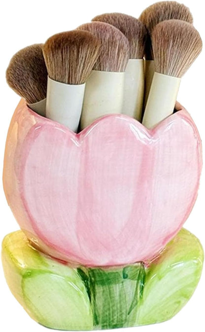 1 PC Flower Makeup Storage Box Ceramic Blossom Five Petals Pen Holder Pen Holder Desktop Storage Box (Blue)