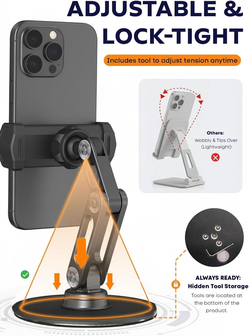 Phone Stand for Desk - Adjustable Height and Angle Foldable Cell Phone Stand Holder, No Dropping Stable Triple-Clamp Holder, Adjustable Tightness, Compatible with iPhone Android Phones, White
