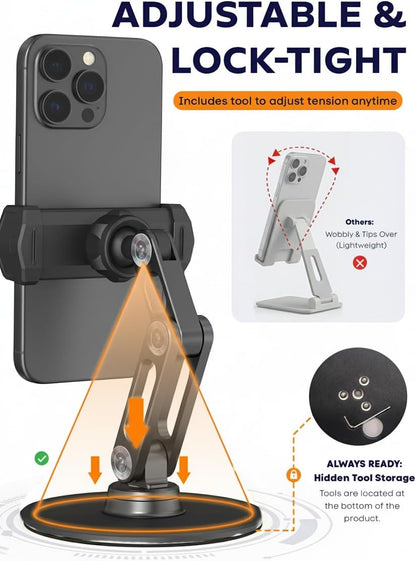 Phone Stand for Desk - Adjustable Height and Angle Foldable Cell Phone Stand Holder, No Dropping Stable Triple-Clamp Holder, Adjustable Tightness, Compatible with iPhone Android Phones, White