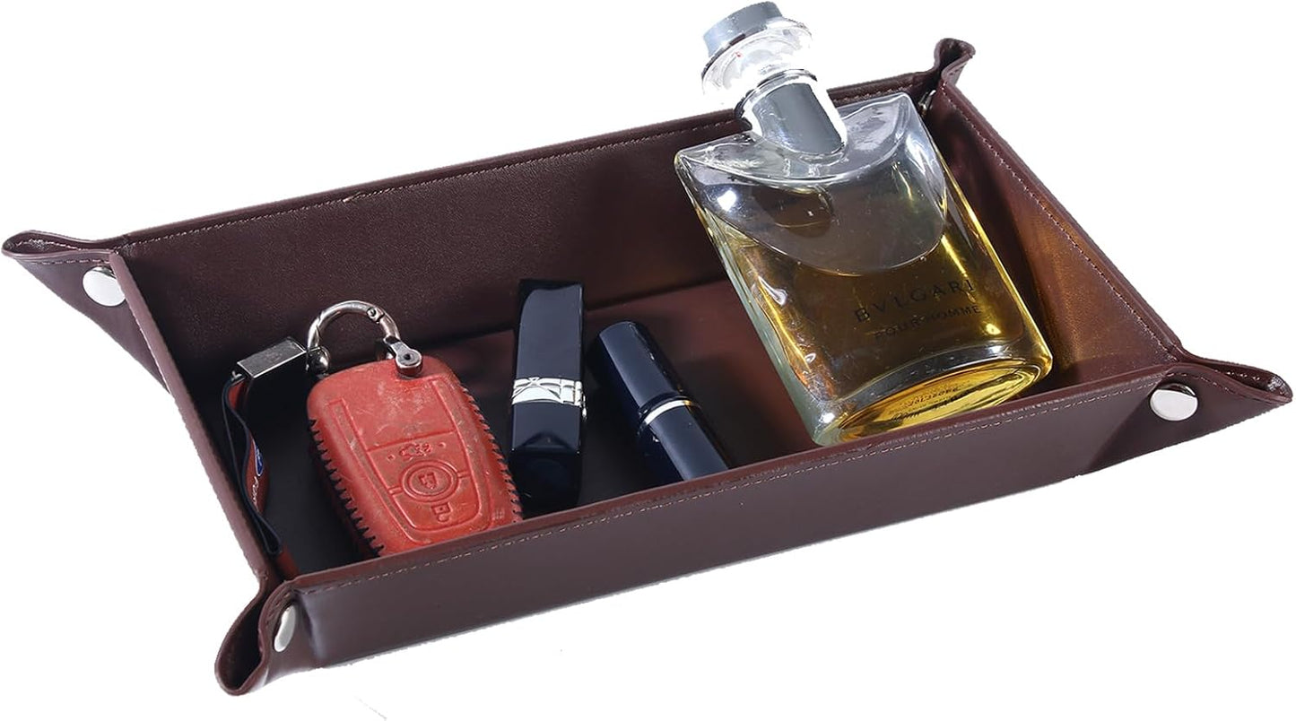 Valet Tray for Men Women - PU Leather Travel Catchall Tray Organizer - Desk Bedside Nightstand Storage Box for Jewelry Key Phone Remote Controller Wallet Watch Glasses Coin Readers -White