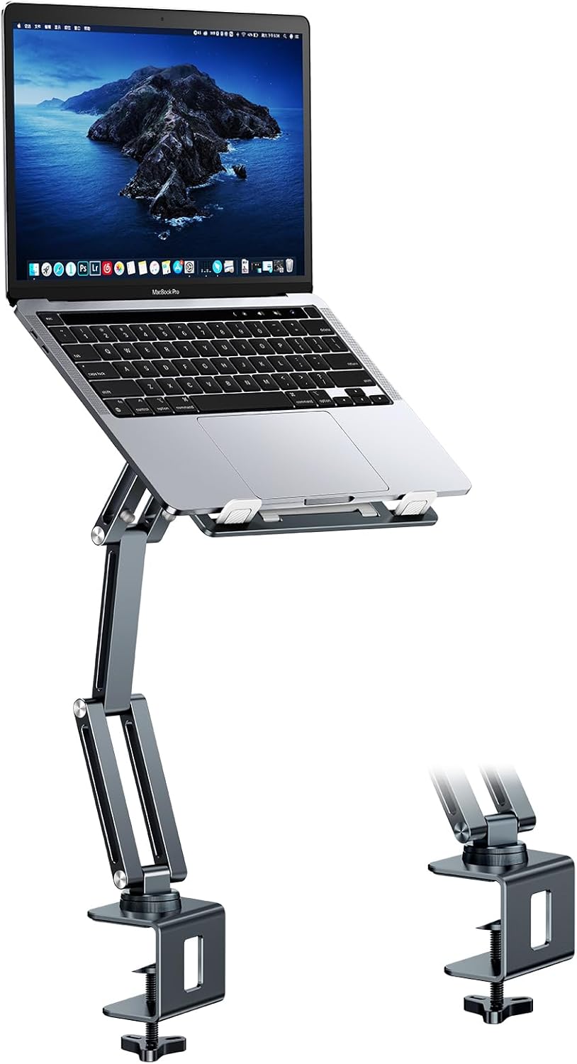 Laptop Mount for Desk, Tablet Arm Mount with 360° Rotating, Aluminum Laptop Tray Adjustable, Foldable Computer Stand/Holder, Fit for 11-15 Inch Laptops (Silver)